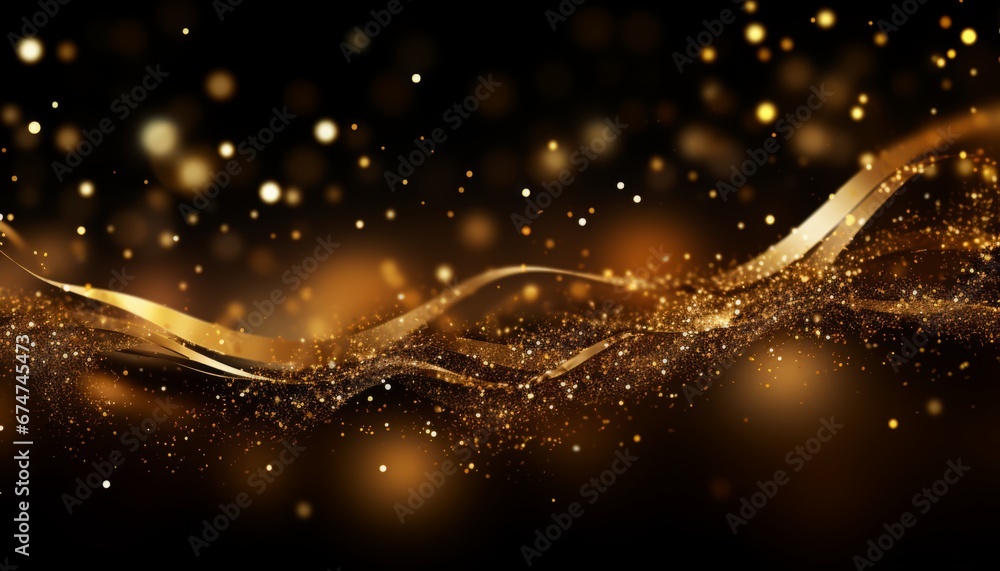 Poster golden particle fluid with radiant glow and shimmering light glitter in mesmerizing display