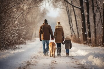 Young kids playing and running with his dog in a snowy wonderland