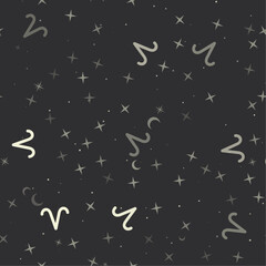 Seamless pattern with stars, zodiac aries symbols on black background. Night sky. Vector illustration on black background