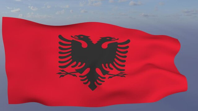 Loop der Albanien Fahne wehend im Wind als Nahaufnahme 4K