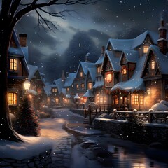 Winter night in the village. Christmas and New Year concept. Digital painting.