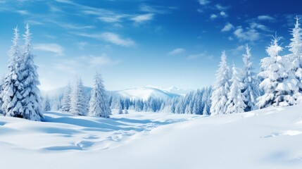 Fototapeta na wymiar Breathtaking winter panorama snowy fir branches and delicate snowfall in cold color palette
