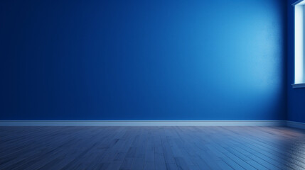 Interior of a minimal empty modern blue room with copy space. Generative AI