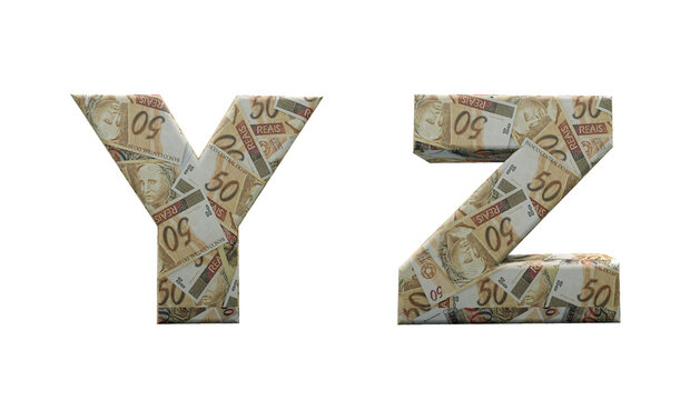 Brazil money alphabet. Letters X, Y, formed with 50 reais bills. Font in 3d render isolated on white background, with clipping saved.