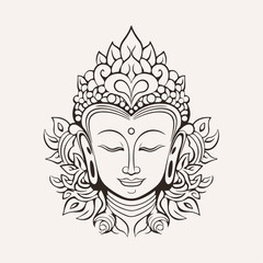 Vector silhouette of Buddha line drawing. Sketch of meditating buddah statue. Vector illustration isolated on white buddha head pray