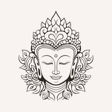 Vector silhouette of Buddha line drawing. Sketch of meditating buddah statue. Vector illustration isolated on white buddha head pray