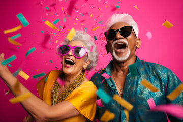 Generative ai senior indian couple partying celebrating - obrazy, fototapety, plakaty
