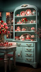 Cupcakes and candies in a vintage blue cupboard.