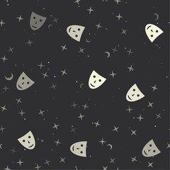 Seamless pattern with stars, theatrical masks on black background. Night sky. Vector illustration on black background