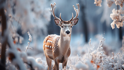 White-tailed deer in winter forest. Beautiful animal in nature. - obrazy, fototapety, plakaty