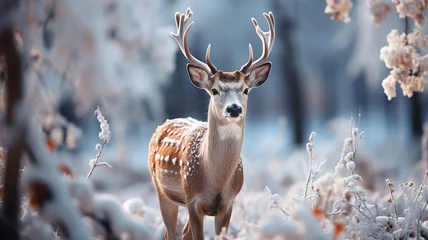 Foto auf Glas White-tailed deer in winter forest. Beautiful animal in nature. © Dream Studio