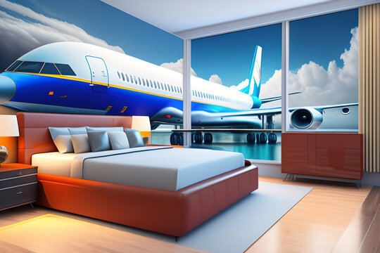 interior of a room with a large image of an aircraft, generated Ai