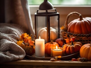 Autumn still life with pumpkins, candles and knitted plaid