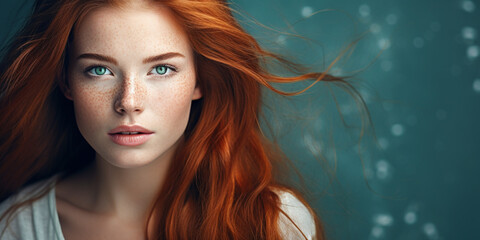 Naklejka premium Closeup of happy attractive young woman with long wavy red hair and freckles wears stylish t shirt looks happy and smiling isolated over teal turquoise blue green background