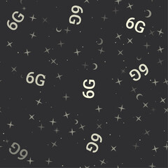 Seamless pattern with stars, 6G symbols on black background. Night sky. Vector illustration on black background