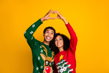 Portrait of peaceful idyllic partners touch arms showing heart gesture x-mas spirit isolated on yellow color background
