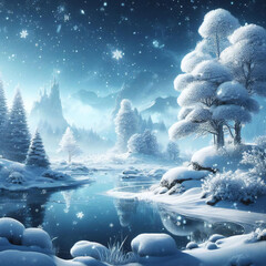 Winter wonderland pine trees surround a cozy cabin near snowy lakes