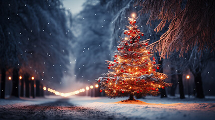 Christmas tree in a snowy winter park at night. 
