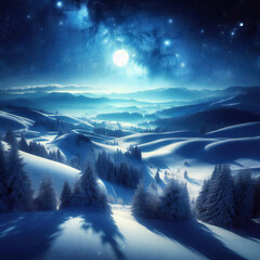 serene beauty of a snowy landscape under winter night sky