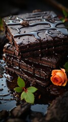 A piece of chocolate cake sitting on top of a puddle of water