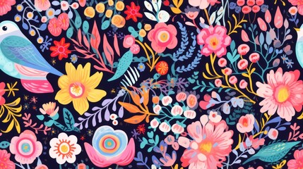 A pattern of colorful flowers and birds on a black background