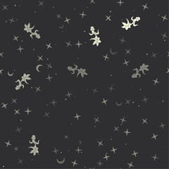 Seamless pattern with stars, carnivorous plant symbols on black background. Night sky. Vector illustration on black background