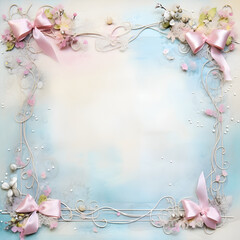  Romantic  baby blue background and  pastel frame with space for text message, wedding, birthday and spring flowers and silk pastel pink bows