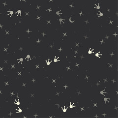 Seamless pattern with stars, frog tracks symbols on black background. Night sky. Vector illustration on black background