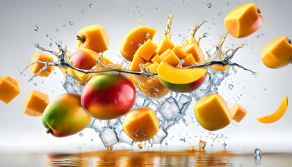 Cinema view of fresh mango fruit and slices flying and floating on ice and water