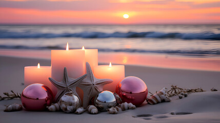 Pink tropic Christmas ornaments, sea stars and beach candles on sandy beach against sea or ocean at the sunset. Happy holidays and festive celebration concept. Creative Christmas and new year banner - obrazy, fototapety, plakaty