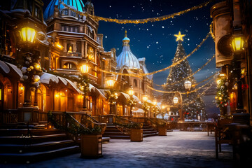 Fototapeta na wymiar Fantastic Christmas Night Street Illumination Dusted with Snow-Generative AI