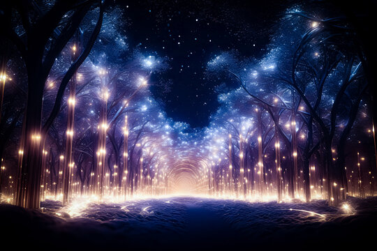 Starry forest illuminated by fantastic lights-Generative AI