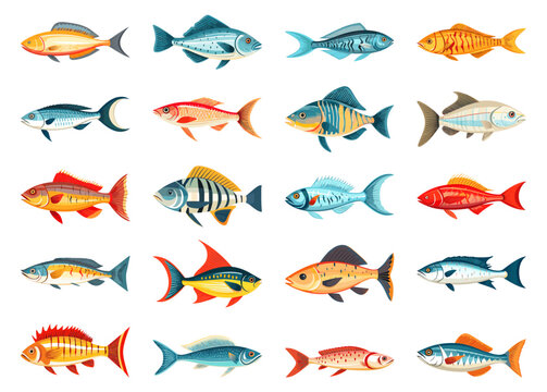 Cartoon tropical fish set. Multi-colored fishes with spots and stripes isolated on white background