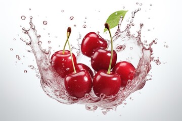 cherries with leaf in water splash isolated on white background.