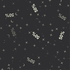 Seamless pattern with stars, 50 percent symbols on black background. Night sky. Vector illustration on black background