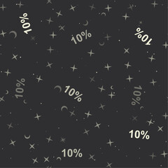 Seamless pattern with stars, 10 percent symbols on black background. Night sky. Vector illustration on black background