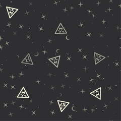 Seamless pattern with stars, slippery road signs on black background. Night sky. Vector illustration on black background