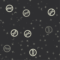 Seamless pattern with stars, horning prohibited signs on black background. Night sky. Vector illustration on black background