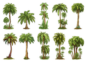 Palm trees. Coconut tree set in realistic cartoon style, tropical beach flourish coco plants isolated vector elements collection - obrazy, fototapety, plakaty