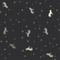 Seamless pattern with stars, wolf symbols on black background. Night sky. Vector illustration on black background