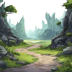 Secluded path in wooded gorge. Mysterious dirt road among mountains covered with green vegetation vector illustration - obrazy, fototapety, plakaty