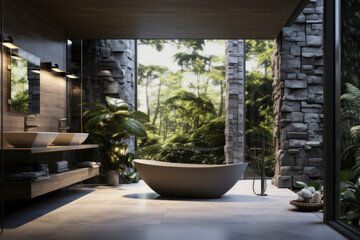 modern bathroom in close touch with nature, Generative AI