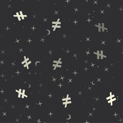 Seamless pattern with stars, not equal symbols on black background. Night sky. Vector illustration on black background