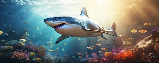 sharks swimming underwater between the ocean floor and  water surface, underwater paradise and...