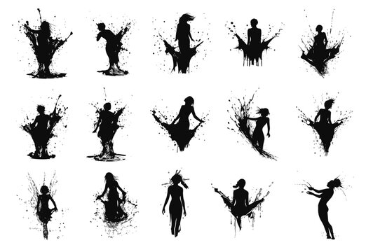 Woman in water black silhouettes. Female outlines in waters drops, girls stencils with liquid sprays and splashes on white background