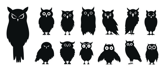 Black owls silhouettes. Isolated angry owl, wild forest birds collection. Flat decorative vector icons, simple abstract style