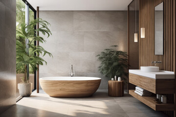 modern bathroom in close touch with nature, Generative AI