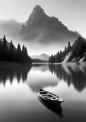 a boat floating on a lake next to a mountain,