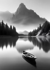 Wall murals Grey a boat floating on a lake next to a mountain,
