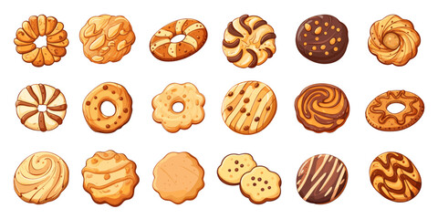 Cookies cartoon set. Isolated biscuits with chocolate and nuts. Bakery shop food, sweet children dessert. Cookie festive, vector clipart